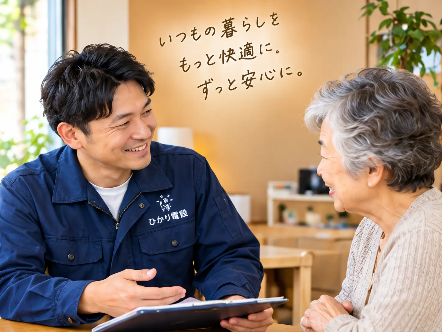 ひかり電器の店主がご年配のお客様に相談対応している様子
