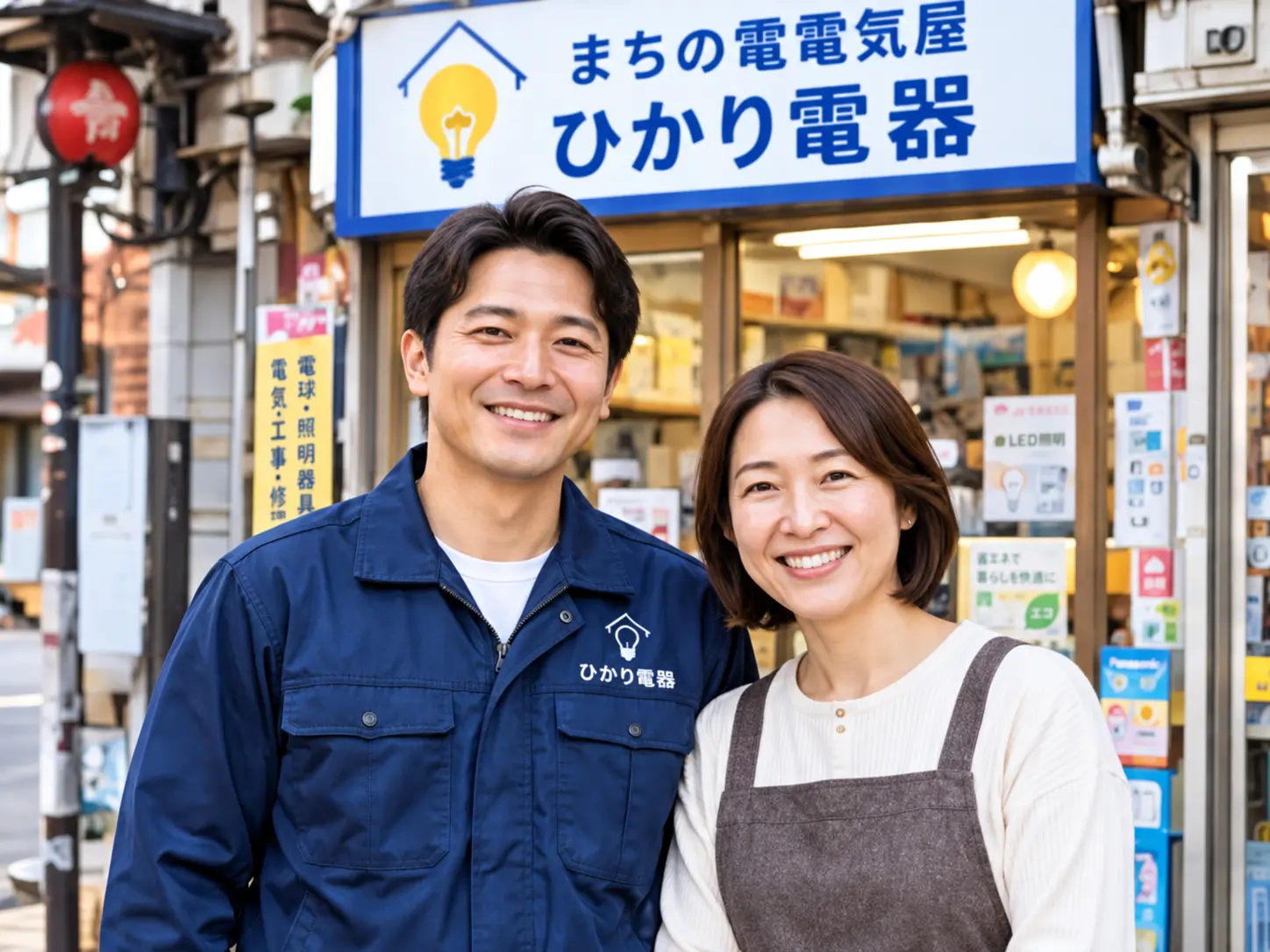 ひかり電器の店先で微笑む店主と家族