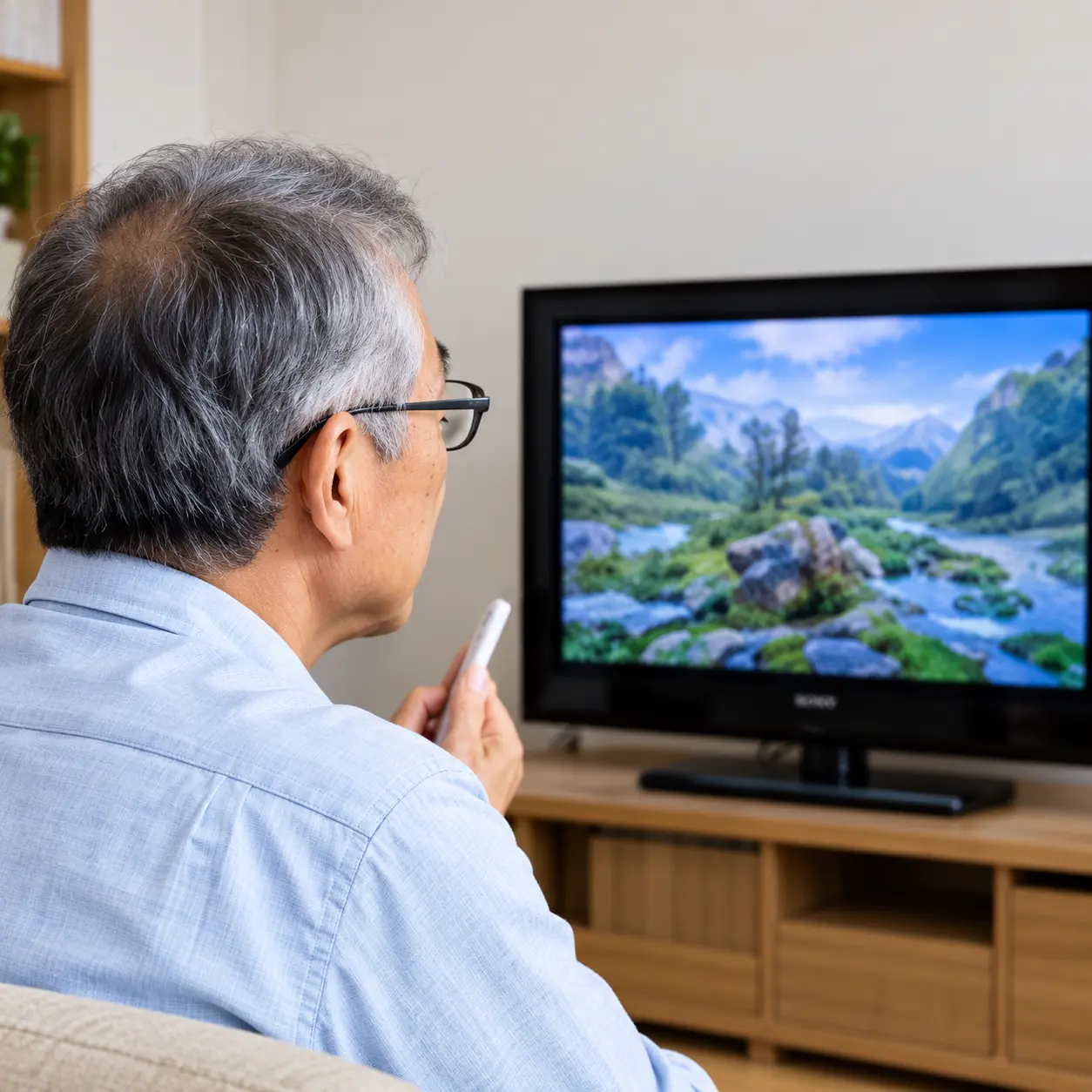 テレビの映りを確認する男性