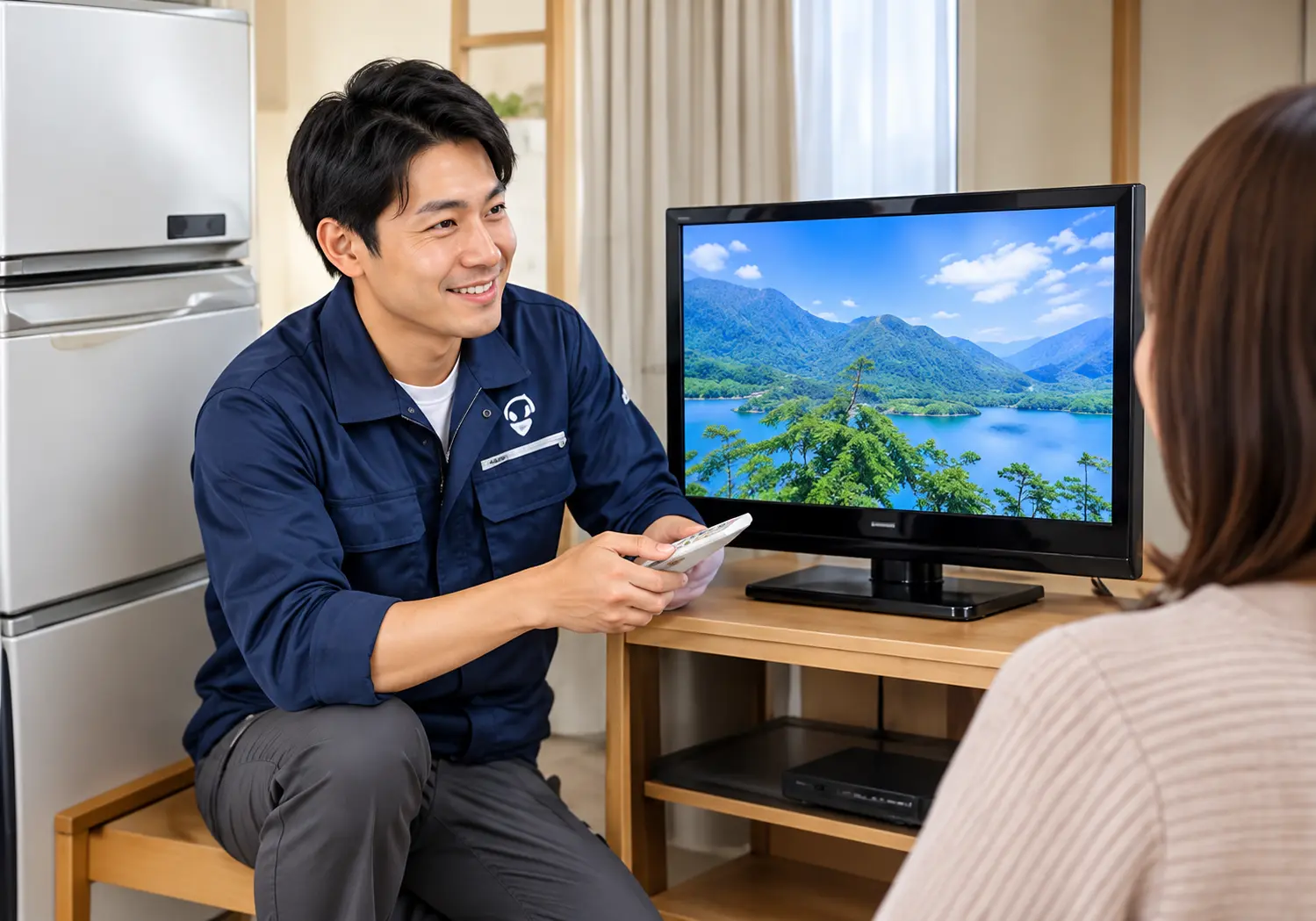 テレビについてお客様に説明する店主