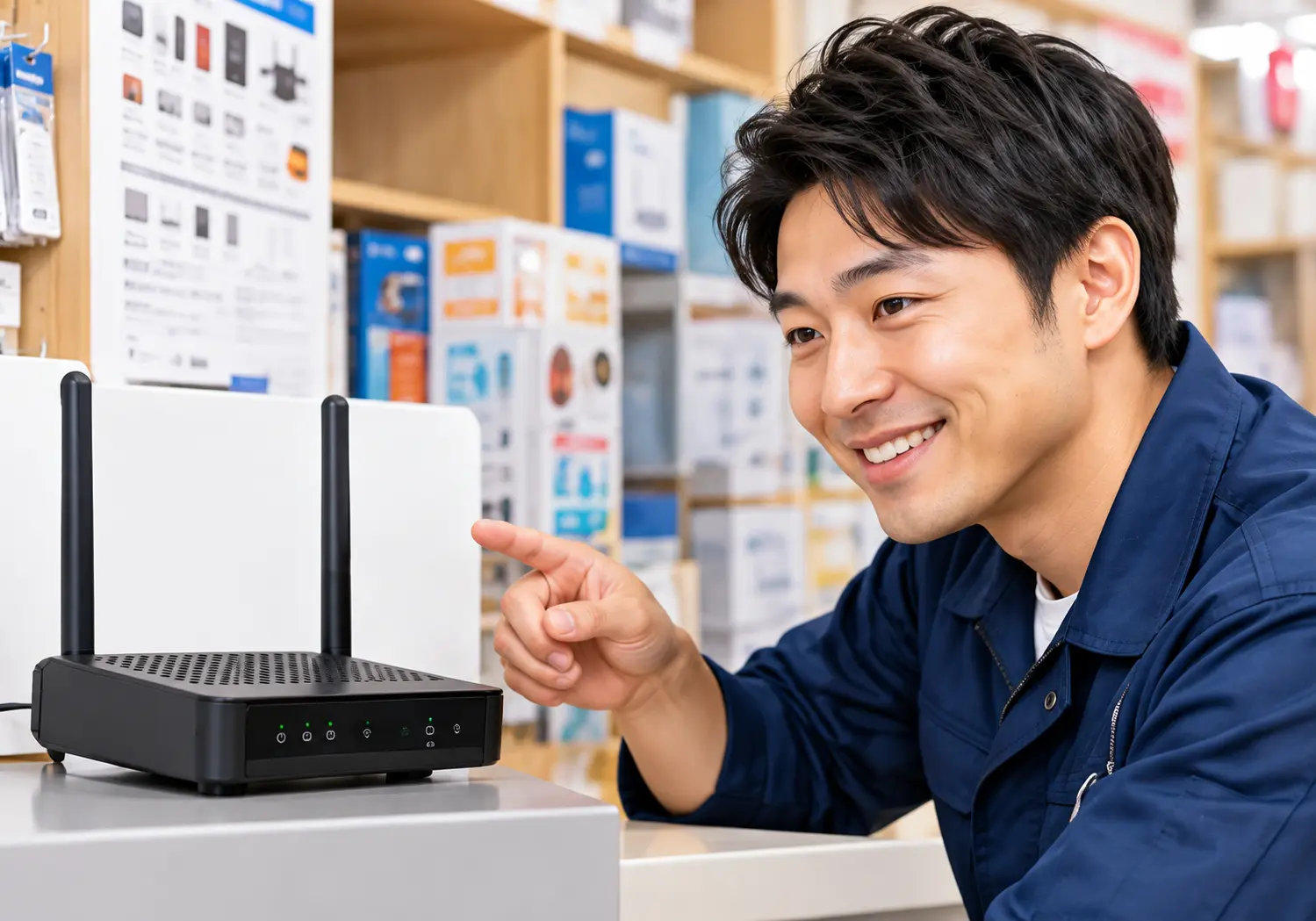 Wi-Fiルーターを説明する店主